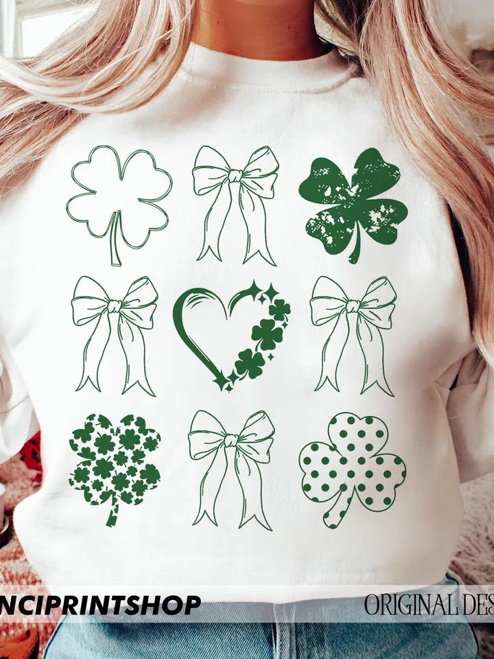 St Patrick's Coquette Shamrock Png, St Patrick's Day Png, St Patrick's Bow png, Lucky png, St Patrick's Shirt png, Doodle clover, Shamrock