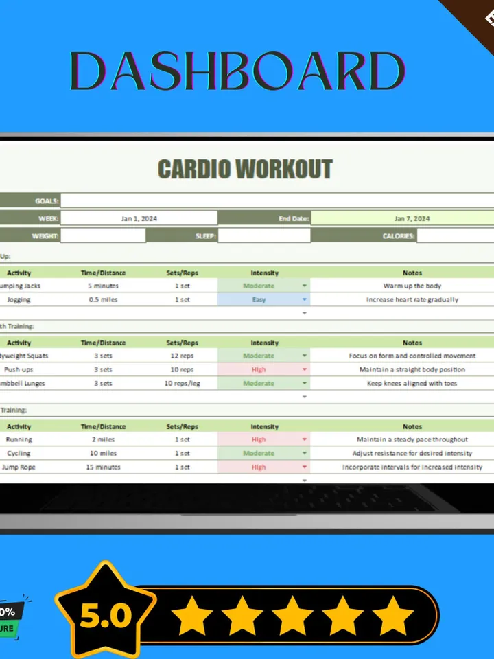 Cardio Workout Template, Editable Google Sheets, Digital Download for Fitness Progress & Endurance Tracking