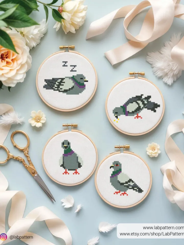 Bundle Pigeon cross stitch pattern, Set of 4 pigeon paterns, Tiny, bird, beginner counted, modern chart, gift DIY, embroidery, instant PDF