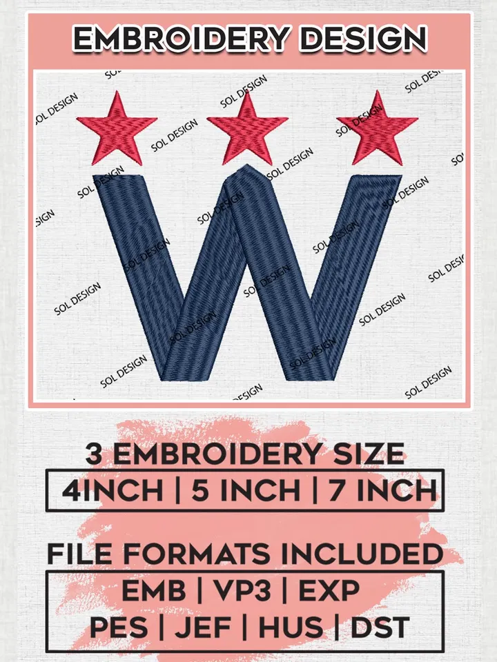 Washington Capitals W Logo Embroidery Files, NHL Washington Capitals Team Embroidery Designs,  NHL Embroidery Designs, NHL Machine Embroidery Designs, Digital Download
