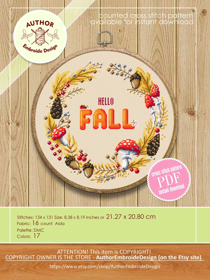 Hello fall wreath cross stitch pattern download PDF, Magic amanita mushroom cross stitch, Autumn wreath embroidery PDF, Fall home decor #Q50