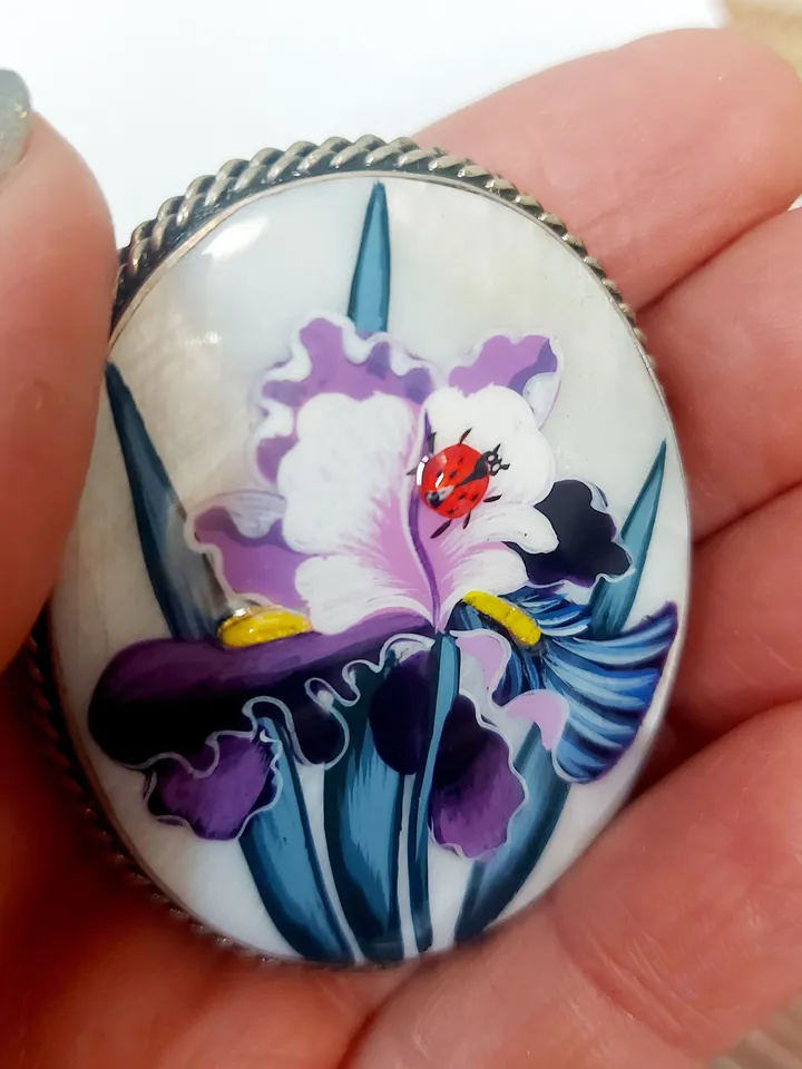 Mother-of-pearl Russian brooch "Iris Flower ", Miniature hand-painted, Russian fine art jewelry, Аbalone shell. Russia gift for woman. Pin