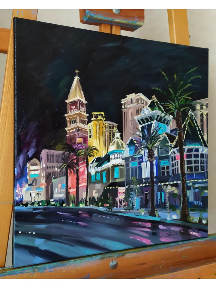 Las Vegas painting Original art Night City Vegas artwork 16 by 16 inches Nevada wall art on canvas painting oil