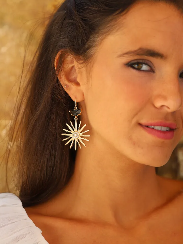 Art Deco Wedding Earrings, Gold Black Boho Bridal Earrings, Sun Celestial Statement Wedding Earrings For Bride, Star Bridal Earrings Jewelry