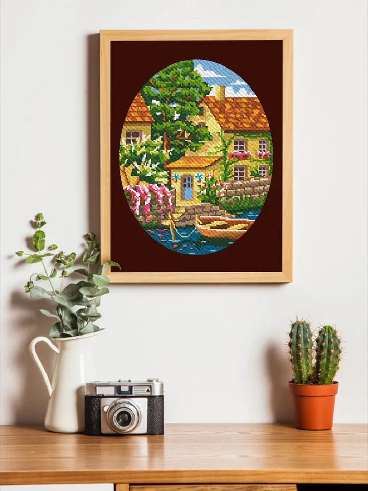 Summer home cross stitch pattern download PDF Village house cross stitch chart Nature landscape river cross stitch Home sweet home #L10