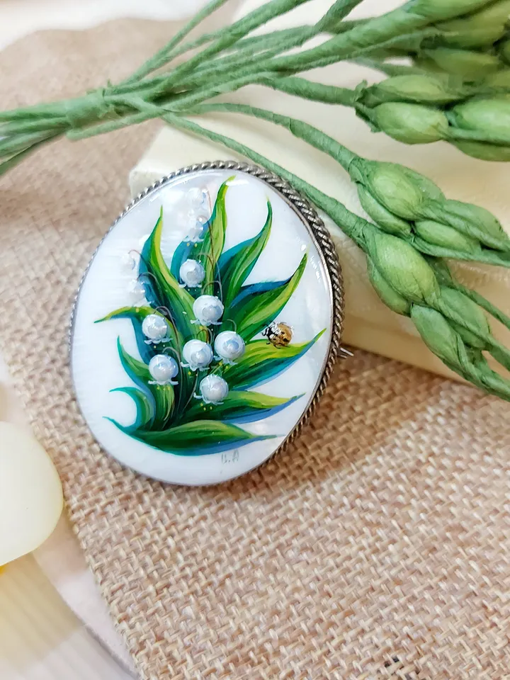 Brooches for women: Lily of the valley and Ladybug on Handmade jewelry brooch, hand painted shell brooch with May flower and lady beetle