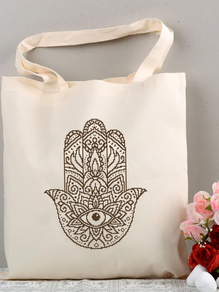 Hamsa hand cross stitch pattern download PDF, Monochrome mandala pattern, Hand of Fatima cross stitch, Evil eye hamsa beginner stitch #M83