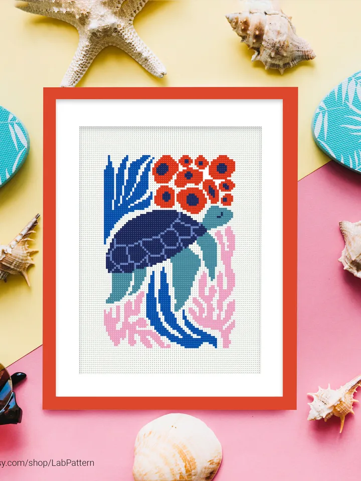 Bundle of 6 mini Sea Cross stitch patterns contemporary ocean fish turtle Abstract  beginner counted modern chart DIY embroidery instant PDF