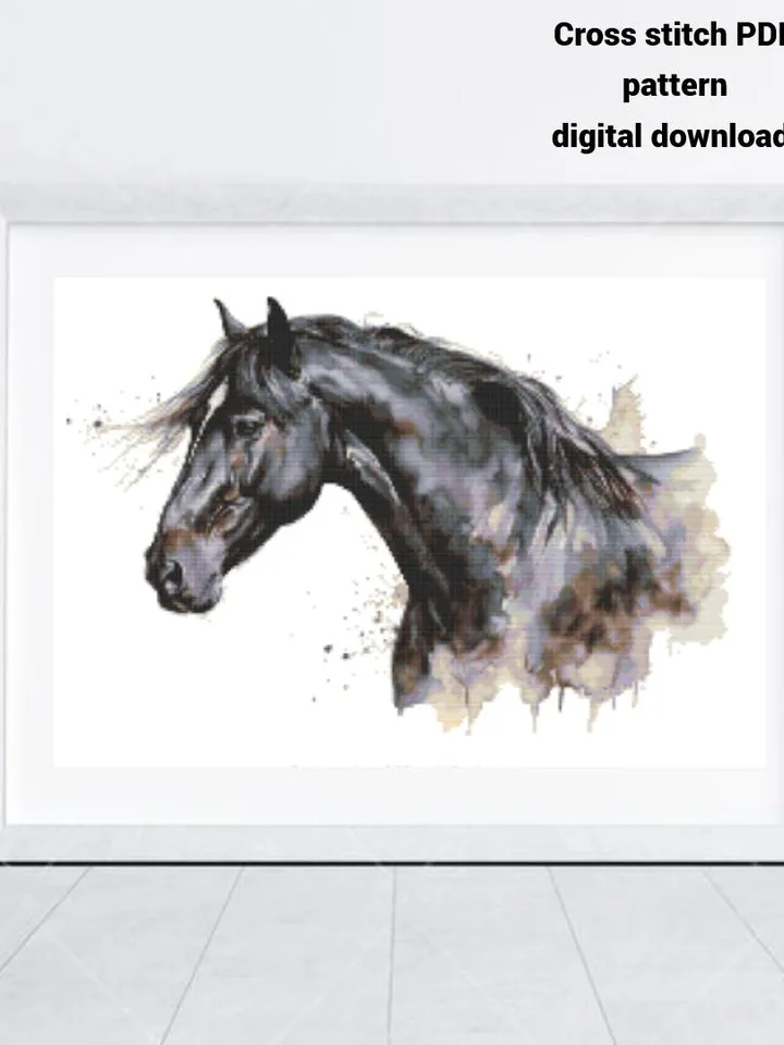 Black horse watercolor cross stitch PDF pattern, Animal embroidery design, Instant download