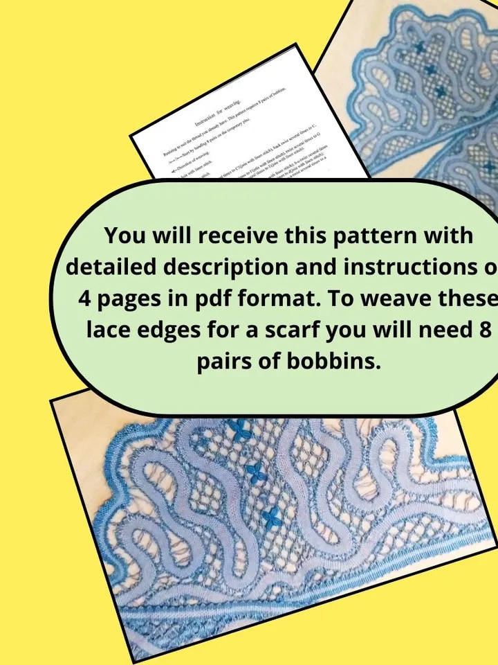 Pattern Lace Edges Blue for scarf Bobbins. Digital lace bobbins.