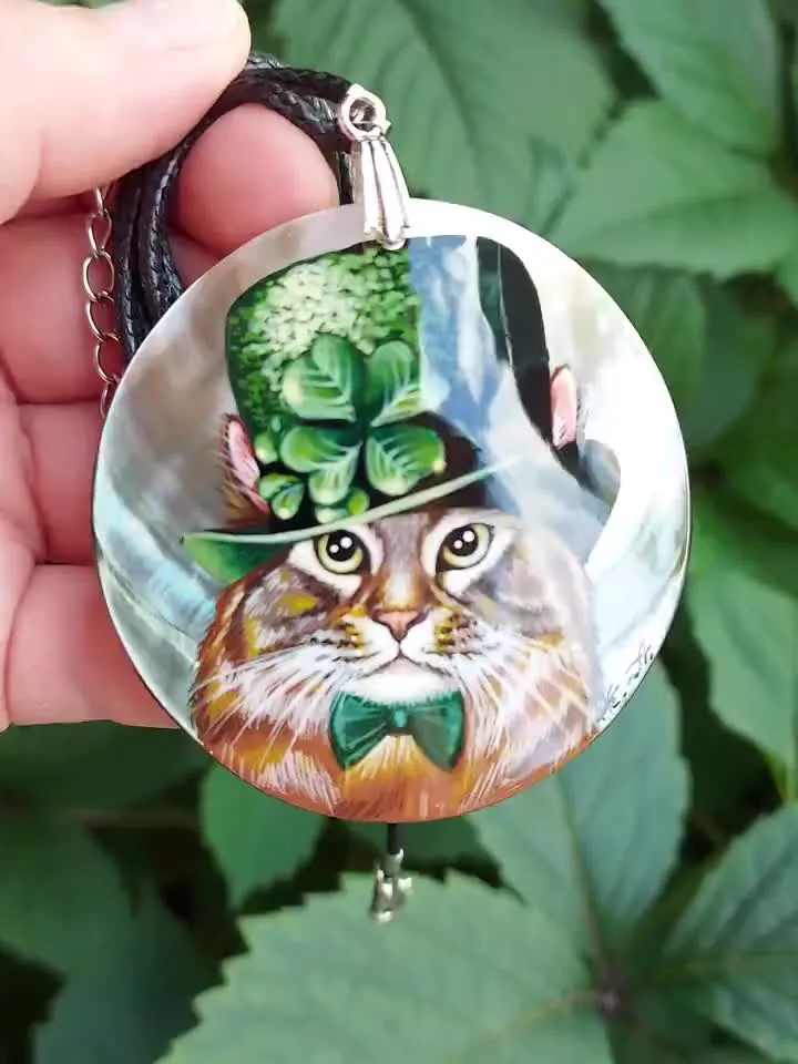 Pearl pendant necklace: St. Patrick's Cat in Green Hat • Orange cat hand painted on lacquer pendant • Unique jewelry for St. Patrick's day