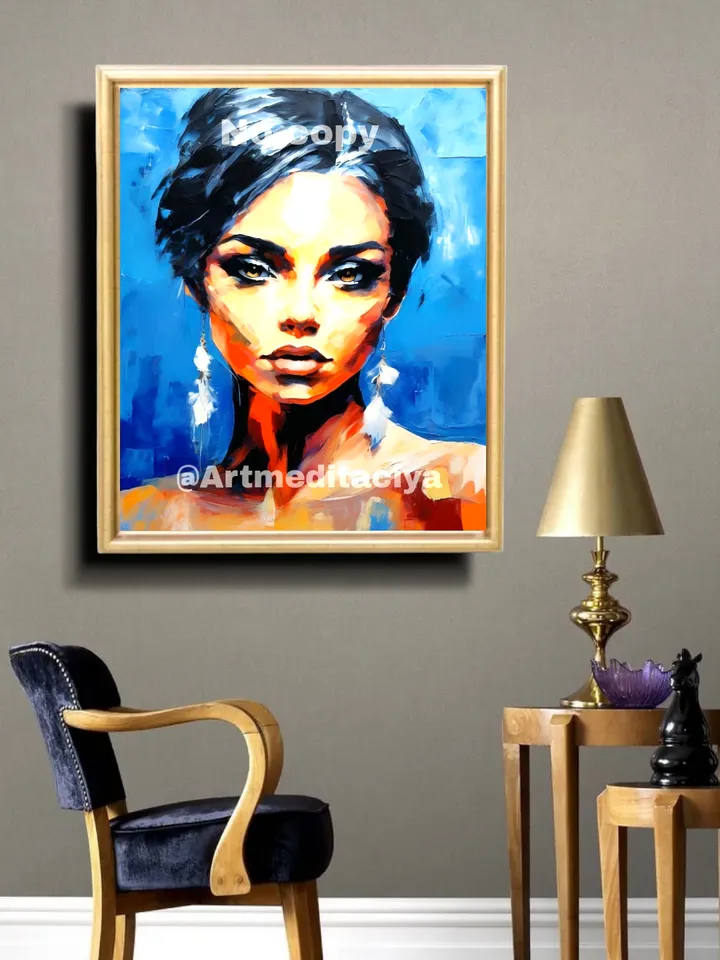 Digital abstract texture painting "Girl" in the style of oil painting with a palette knife on an abstract blue-blue background. This is a concise image of a beautiful brunette of European appearance with brown expressive eyes and abstract large white feat