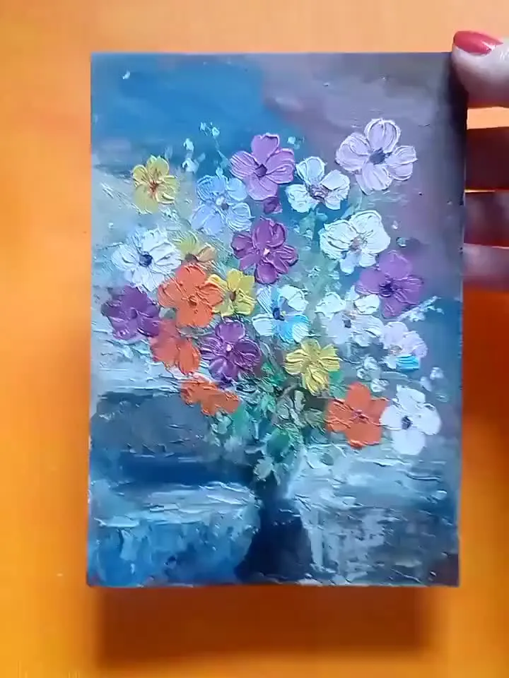 Red pink orange flowers Original Oil Painting forget-me-nots Flower Painting Wall Art Red Yellow Violet Flower Wall Decor Small Art floral