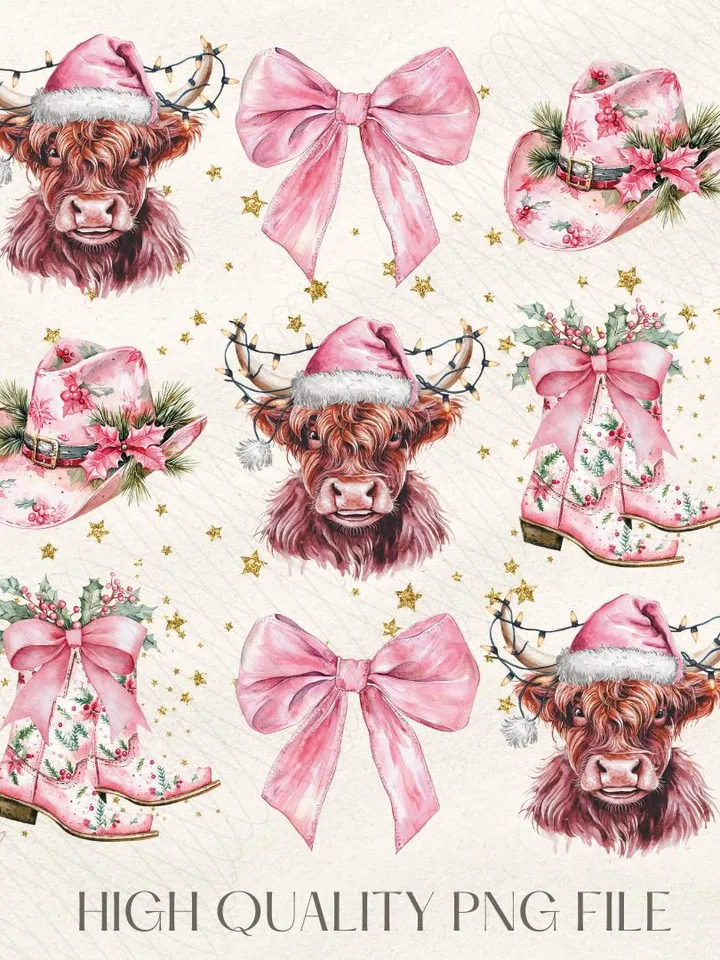 Coquette Cowgirl Pink Christmas PNG, Christmas Season Png, Christmas Highland Cow Bow PNG, Funny Christmas png, Retro Christmas pink western
