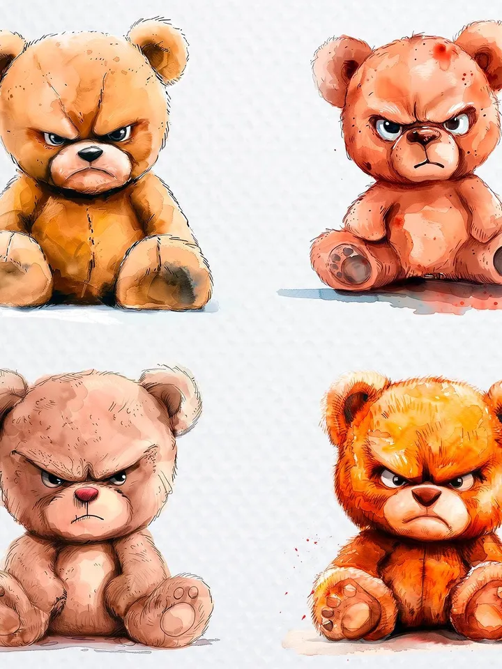 11 Grumpy Teddy Bear PNG Bundle, Teddy Bear Print, Printable Watercolor Sublimation, Digital download, Paper craft, junk journal