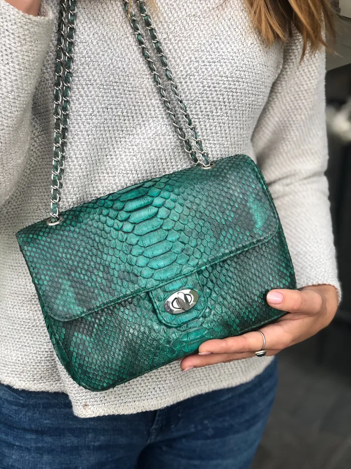 Genuine Python Skin Green Color Shiny Chain Bag | Shoulder Bag | Crossbody Bag | Green Leather Bag | Woman Classy Bag | Python Skin Bags