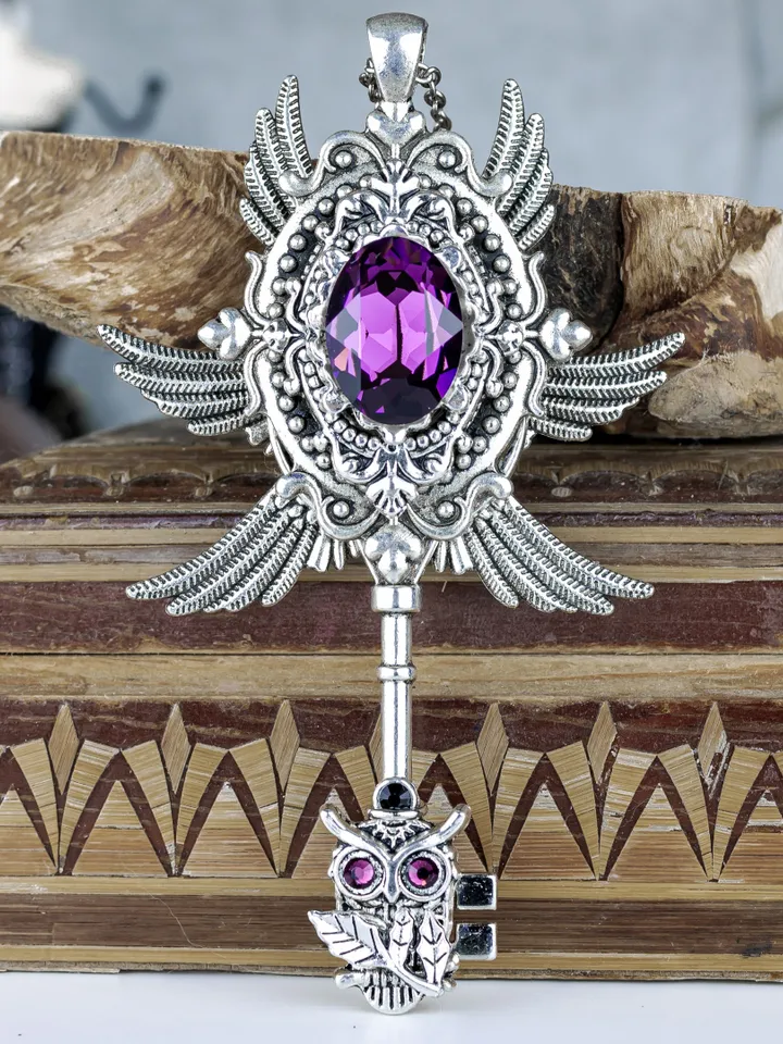 Vintage Purple Key - Necklace "Amulet" with Swarovski Crystals Wings and Owl