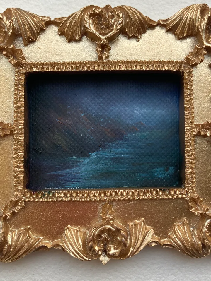 Small Landscape Oil Painting Framed Original Coast Painting Antique Ocean Art Gold Frame Tiny Paintings 3 x 4 Art
