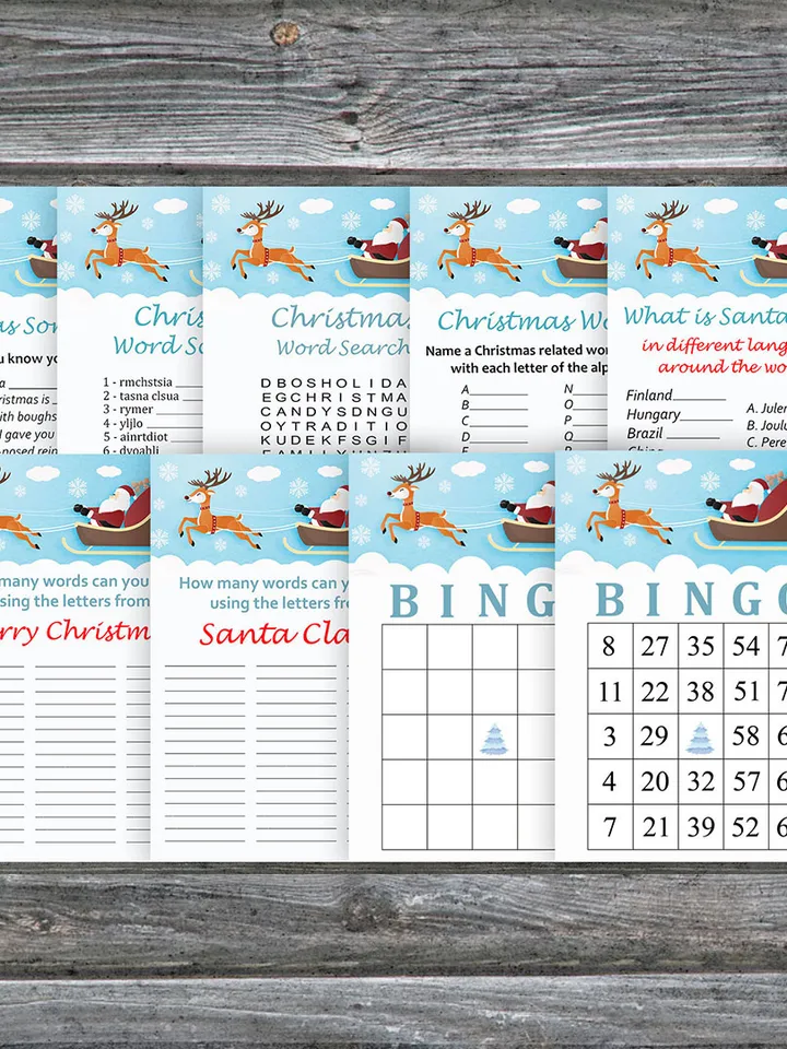 Christmas party games bundle,Printable Christmas Party Game Pack,Santa claus reindeer Christmas Trivia Game Cards