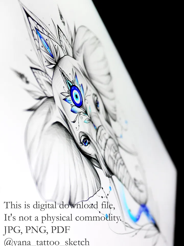 Elephant Tattoo Design Evil Eye Elephant Tattoo Drawing Idea Sketch, Instant download PDF, JPG, PNG