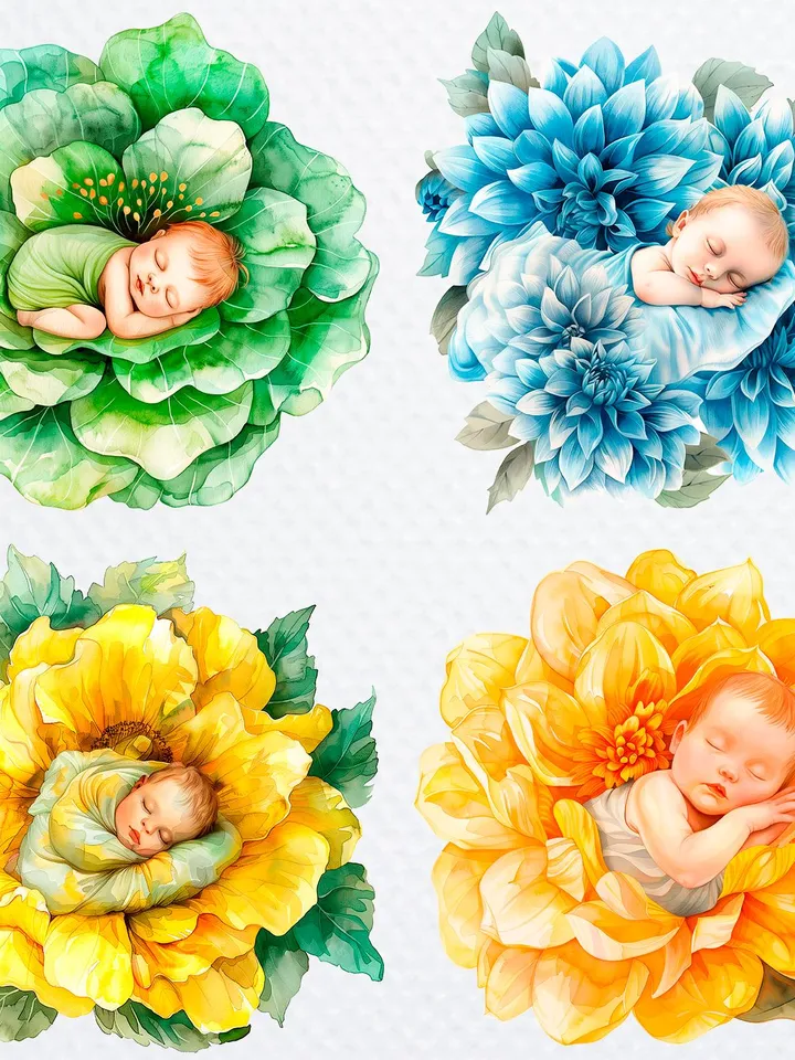 12 Baby in Flowers PNG Bundle, Baby Shower Printable Watercolor clipart for sublimation, High Quality PNG, Digital Paper craft, junk journal
