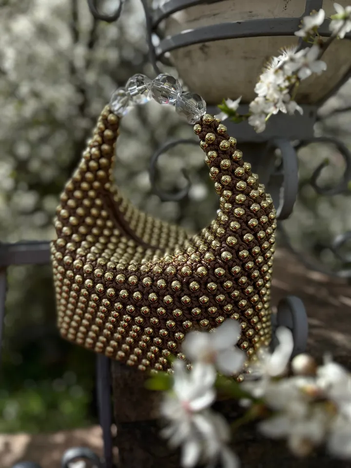 Womens crochet handbag with gold beads, luxury gold bag, vegan crossbody, top handle, small purse, gift for mother, shoulder bag
