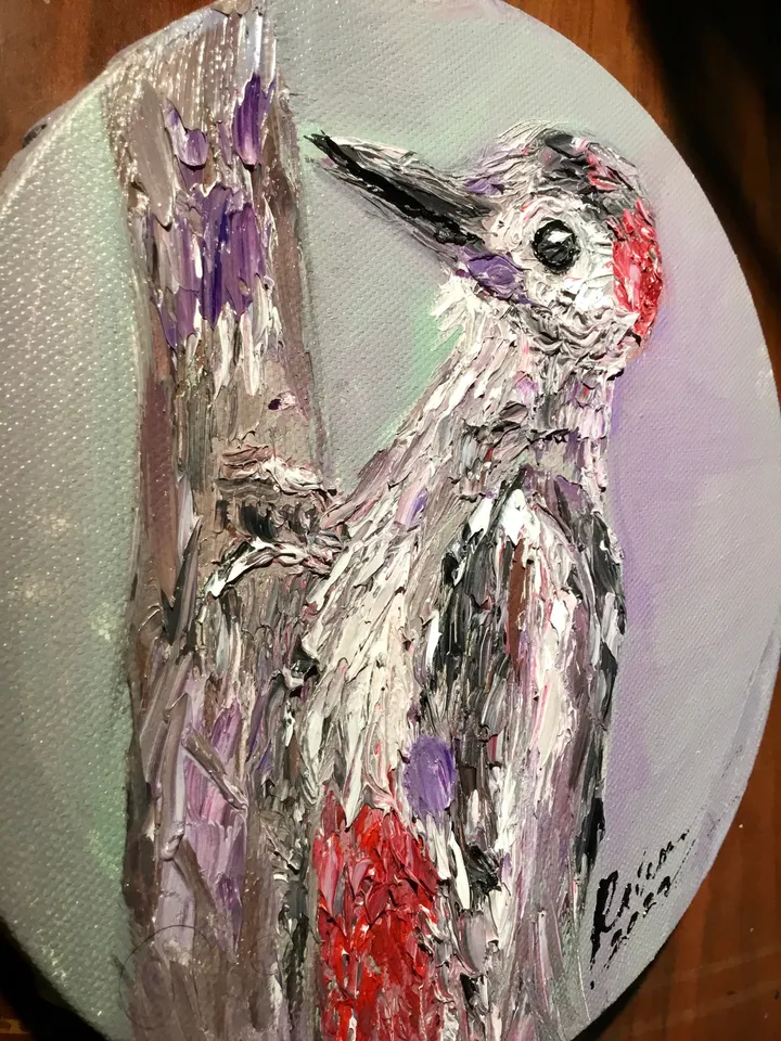 Woodpecker original oil impasto painting on round canvas,birds oil painting,kids or game room decoration,unique gift.