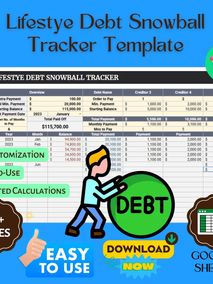 Lifestyle Debt Snowball Tracker Template, Debt Payoff Planner, Google Sheets Finance Management Tool