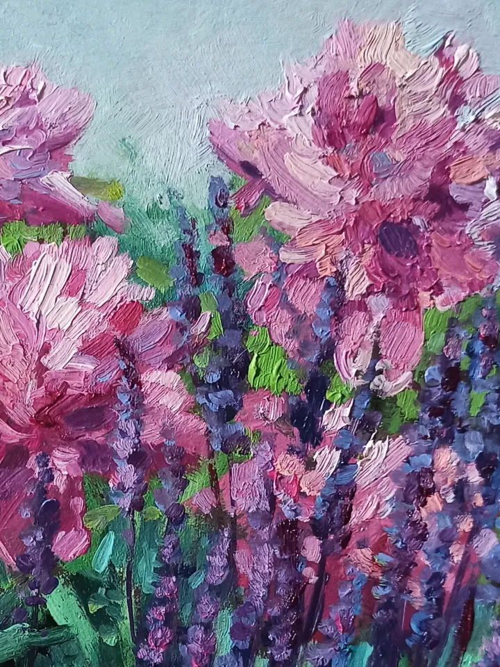 Sage and Peonies, Garden flowers, Original oil painting on art cardboard 18x24cm