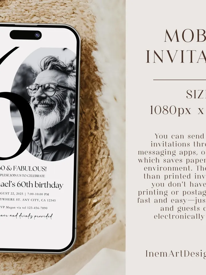 60th Birthday Party Invitation Card, Look Who's 60, Editable 60th Birthday Card Template, Printable Minimalist Birthday Photo Card Canva