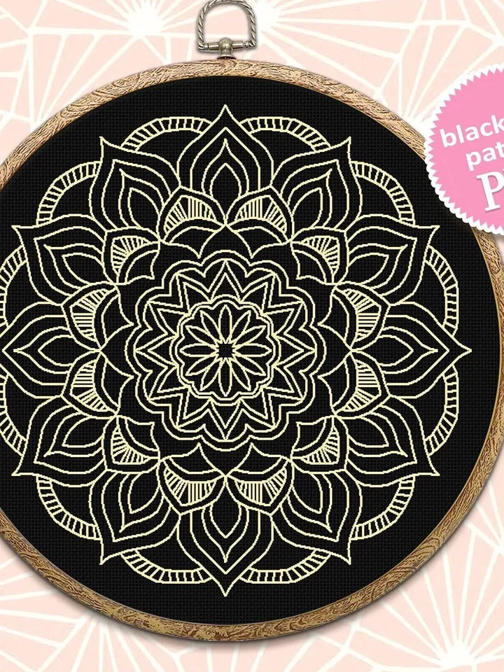 Flower mandala blackwork pattern PDF, Blackwork mandala embroidery download PDF, Mandala ornament Backstitch chart, Mandala cross stitch #W7
