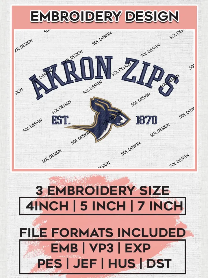 Akron Zips Est 1870 Logo Embroidery Designs, NCAA Akron Zips Team Embroidery, NCAA Team Logo, 3 sizes, Machine embroidery Files, Digital Download