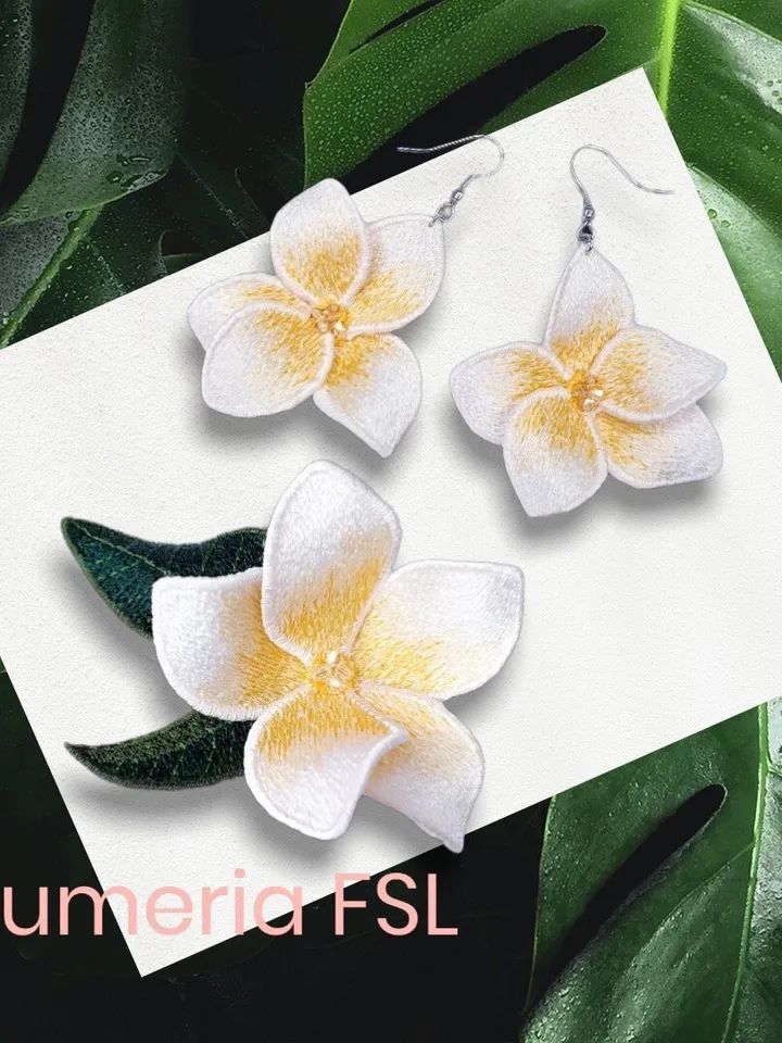 Plumeria brooch and earrings FSL machine embroidery designs Free standing lace embroidery pattern 3D flower embroidery motif Flower FSL