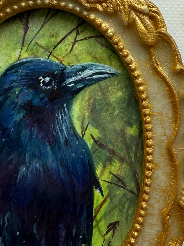 Framed Bird Raven Painting Small Original Witch’s Friend Artwork Crow Art Tiny Oval Painting Bird