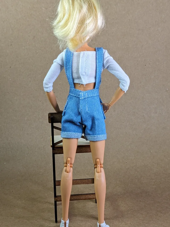 Light blue denim jumpsuit shorts for 1/6 scale fashion female dolls