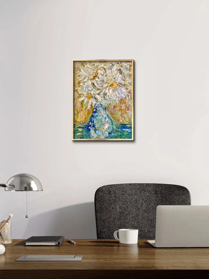 Daisies original oil impasto style painting,flowers in a vase oil painting,one of a kind original painting on 3 d canvas,flowers wall art