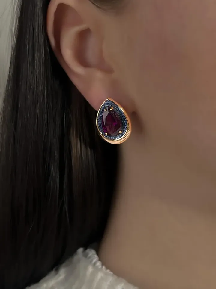 Earrings silver 925 gold plated with amethyst and sapphire