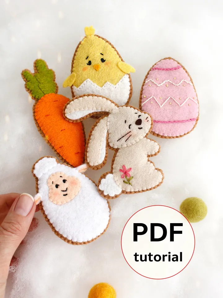 Felt garland with Easter cookies hand sewing PDF tutorial with patterns. DIY Easter ornament. Felt Easter wall decoration
