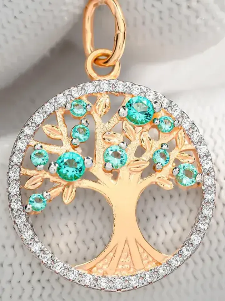 Pendant silver 925 on the neck, gold plated 585, tree of life, with paraiba stone