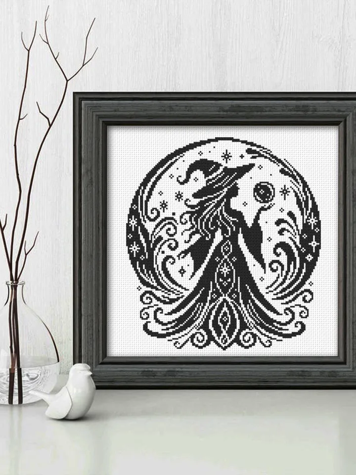 Halloween witch cross stitch pattern PDF download Mystical cross stitch chart, Monochrome magic pattern digital PDF Witchy crystal ball #H79