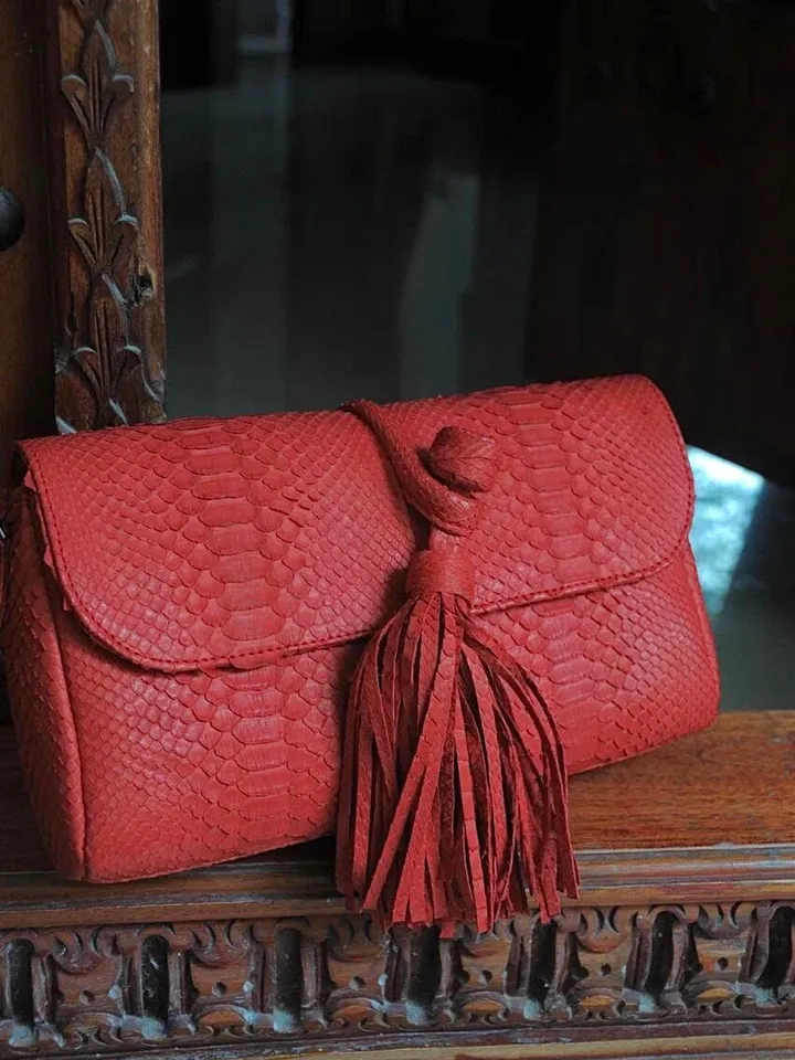 Genuine Python Skin Clutch with tassel |women purse | exotic leather bags | red classy evening clutch | designer crossbody bag handmade