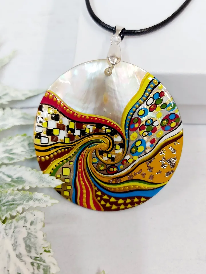 Pearl pendant necklace: Abstract Spiral painting in Klimt style on Graceful Handcrafted Pendant • Delicate handmade jewelry for bright girl