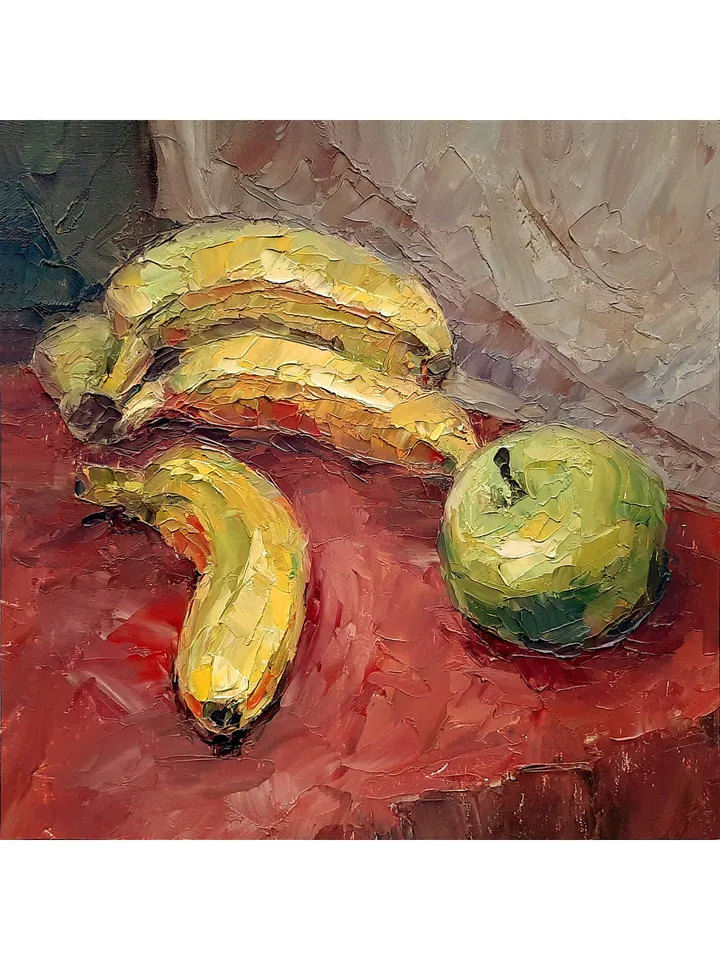 Bananas Apple on red PAINTING 8x8" ORIGINAL Kitchen Art Still Life with fruits Fine Oil Art Signed by artist Marina Chuchko
