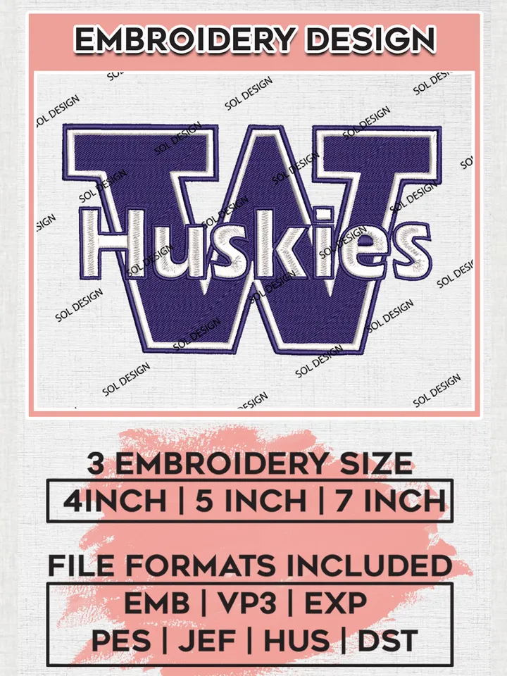 NCAA Washington Huskies Team Logo Embroidery Design Files, NCAA Washington Huskies Machine Embroidery, NCAA Teams, 3 sizes, NCAA Machine embroidery designs, Digital Download