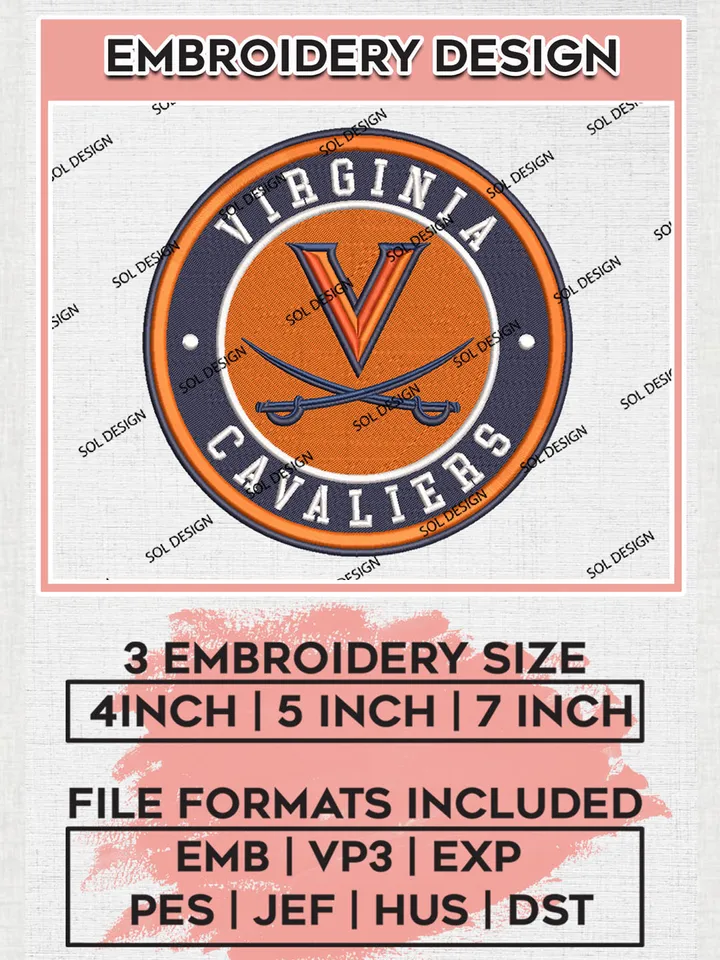 NCAA Virginia Cavaliers Round Logo Embroidery, NCAA Virginia Cavaliers Embroidery Design files, NCAA Teams, NCAA Machine embroidery designs, Digital Download