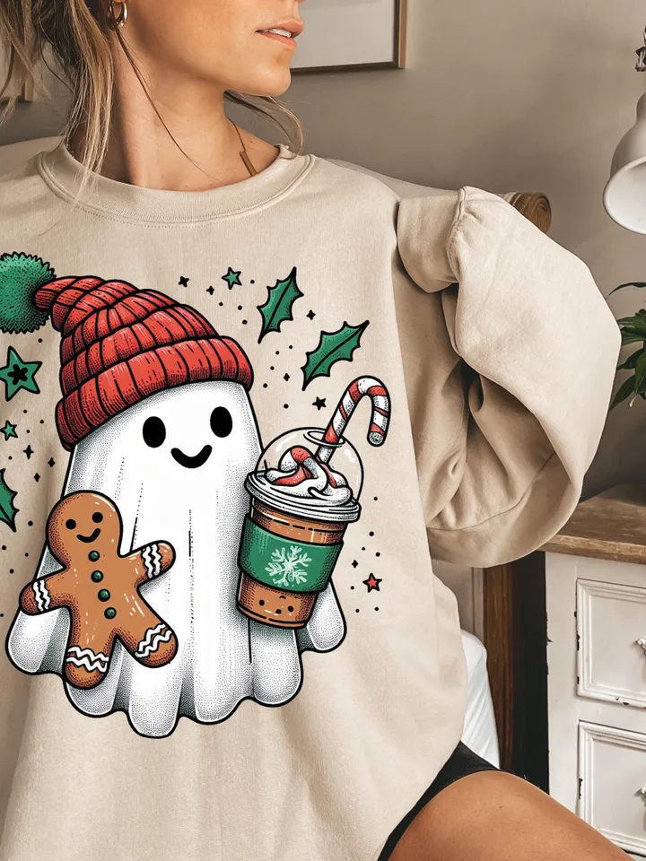 Vintage Christmas Ghost PNG for Retro Coffee Decor & Halloween Fun, Holiday PNG, Boojee Ghost - Spooky Holiday Decor, Christmas Trending Png