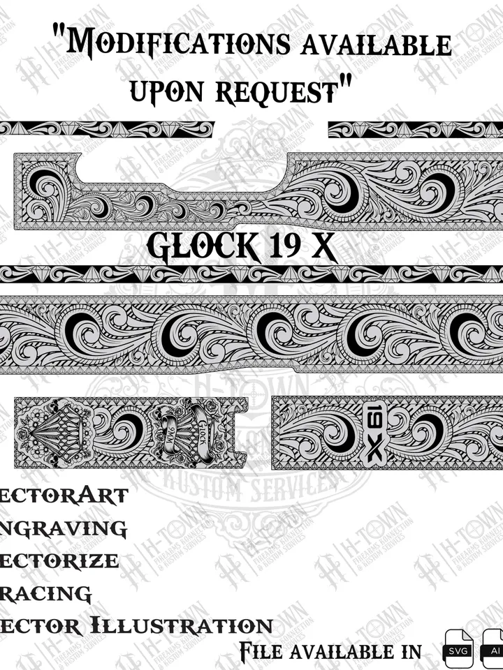 GLOCK 19 X Engraving Scroll Vector | Ornamental Grip Design | Full Slide Svg Png AI EPS | Custom Laser Template