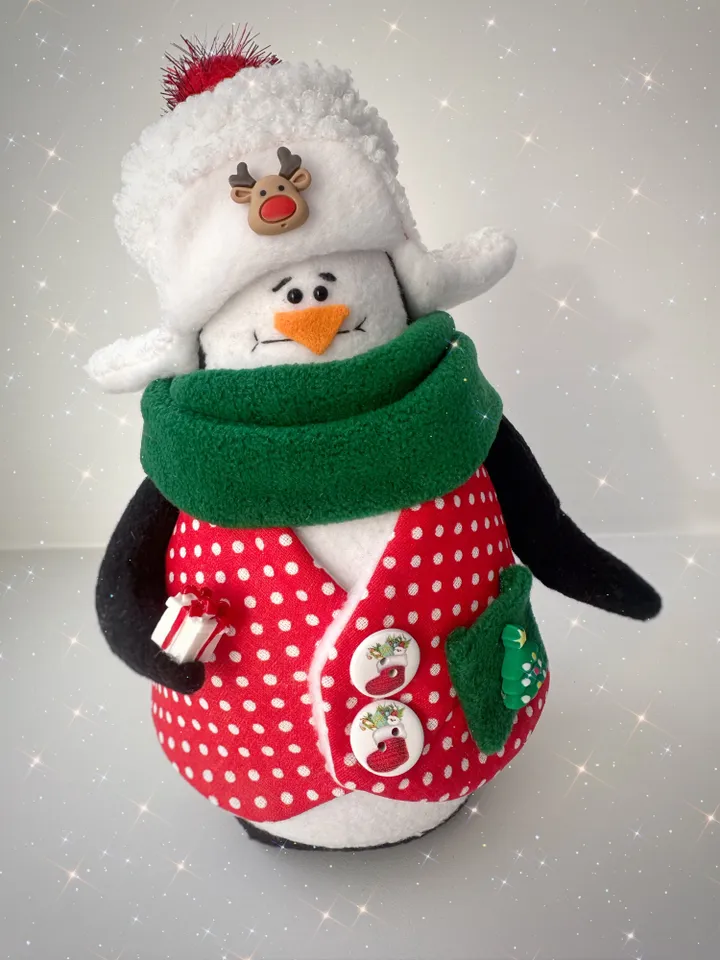 Christmas Handmade Penguin toy. Soft Animal doll in hat. Holiday doll for Christmas gift.