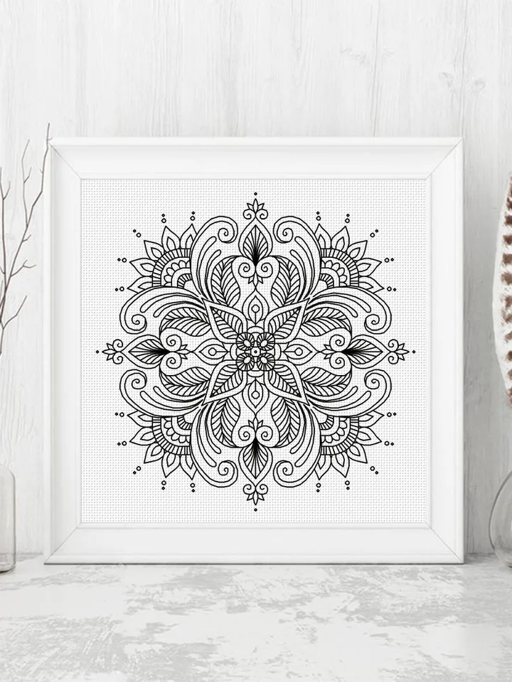 Floral mandala blackwork pattern PDF Blackwork mandala embroidery download PDF, Backstitch chart Mandala ornament, Blackwork embroidery #W30