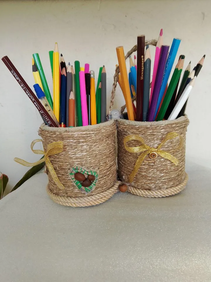 pencil box with Jute Rope creative idea Handmade Jute Pen stand/desk Organizer/pen holder/Pencil Holder Set of 2